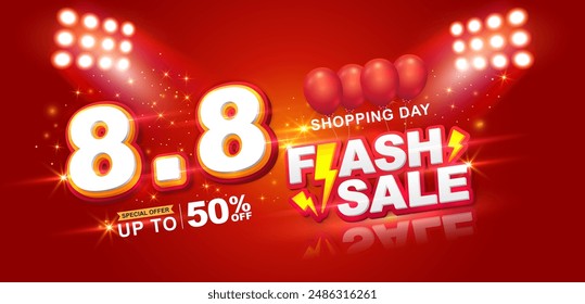 8.8 Rabatt Flash Sale Hintergrund. Vektorillustration zum Einkaufstag, Online-Shopping, Sonderangebot Coupon, Gutschein, Banner Vorlage, Websites, Social Media Werbung.