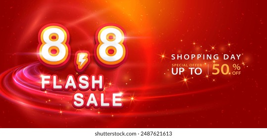 8.8 Rabatt Flash Sale Hintergrund. Vektorillustration zum Einkaufstag, Online-Shopping, Sonderangebot Coupon, Gutschein, Banner Vorlage, Websites, Social Media Werbung.