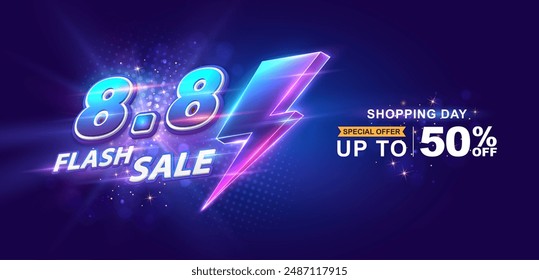 8.8 discount flash sale on blue background. Vector illustration for shopping day, online shopping, special Offer coupon, voucher, banner template, websites, social media advertising.