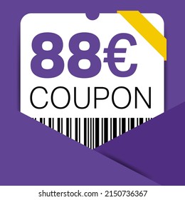 88 Euro Coupon promotion sale for a website, internet ads, social media gift 88 off discount voucher. Big sale and super sale coupon discount. Price Tag Mega Coupon discount with vector illustration.