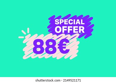 88 Euro OFF Sale Discount banner shape template. Super Sale Euro 88 Special offer badge end of the season sale coupon bubble icon. Modern concept design. Discount offer price tag vector illustration.