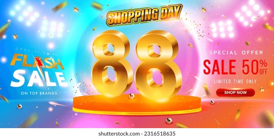 8.8 Flash Sale Shopping banner on colorful background banner template design.Big sale event on the stage with spotlight LED. Shopping day.Special Offer Sale 50% Off campaign or promotion. Vector EPS10