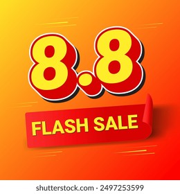 8.8 Flash Sale Shopping Banner mit Red Ribbon Label Aufkleber curl,3D Minimal langer Schattentext mit Fast Lines auf gelb-rotem Hintergrund für Flash Sales Kampagne,Sonderangebote Nutzung zu Ihrer Store Website