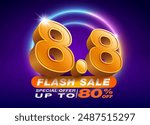 8.8 Flash Sale shopping template, date 8, month 8, with 3D text number eight on a dark background and colorful LED neon lights. Flash Sales campaign, special offers up to 80% off.