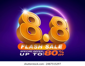 8.8 Flash Sale shopping template, date 8, month 8, with 3D text number eight on a dark background and colorful LED neon lights. Flash Sales campaign, special offers up to 80% off.