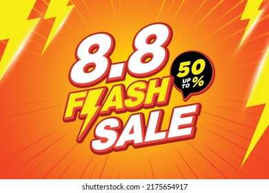 8.8 flash sale thunder poster or banner vector template design. Big sale event on the orange background. Ads for web, social media, shopping online.