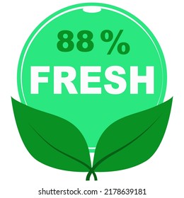 88% fresh fruits vector art illustration sign symbol in green round shape with leaves business stamp isolated on white background