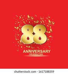 88 golden numbers and Anniversary Celebrating text with golden serpentine and confetti on red background. Vector twentieth anniversary celebration event square template