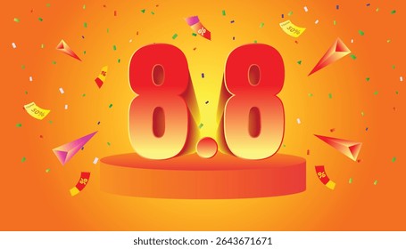 8.8 Logo Banner with vibrant orange background, confetti, flying tickets, and bold 3D text.