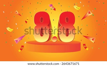 8.8 Logo Banner with vibrant orange background, confetti, flying tickets, and bold 3D text.