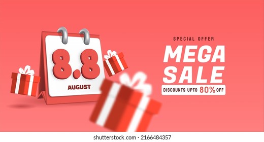 8.8 Mega Sale with 3D Calendar. August sales banner template design for social media and website.