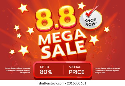 The 8.8 Mega Sale illustration concept is vibrant, energetic, and visually captivating, aiming to convey a sense of excitement and the opportunity for amazing deals and discounts.