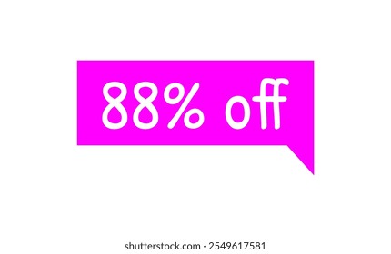 88% de descuento. Etiqueta de descuento magenta y texto blanco. Promociones de marketing, ventas minoristas. Etiqueta de oferta simple. Ochenta y ocho por ciento de descuento.