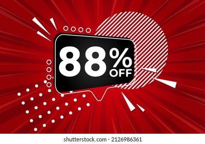 88% off. Red banner with 88 percent discount on a black balloon for mega big sales. 88% sale