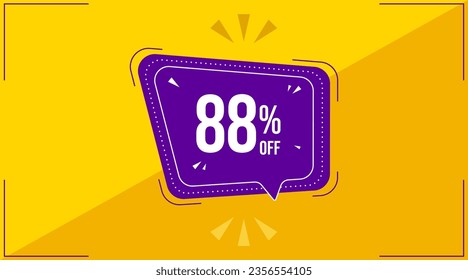 88 percent, eighty eight percent. Discount banner shape. Sale coupon purple bubble icon. Special offer badge. Yellow abstract background. Modern concept design. Banner with offer badge. Vector