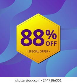 88% Sale and Discount Label. Eighty eight percent Sale Discount label Geometric design. Abstract Blue and Yellow Hexagon. Vector illustration.