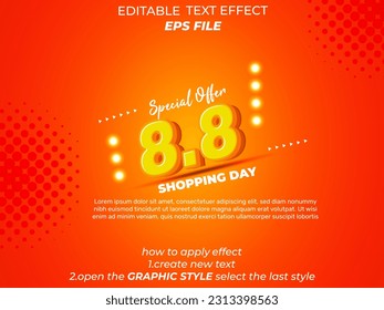 8.8 shopping day anniversary text effect, 3d text, editable for commercial promotion
