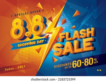 8.8 Shopping Day Flash Sale Banner Template design special offer discount, Shopping banner template, Abstract flash Sale Web Header template design for Sale and discount labels. Sale promotion poster