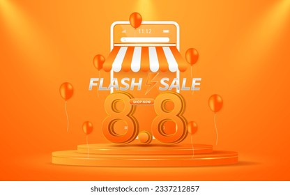 8.8 Shopping Day Flash Sale The number 8.8 is on an orange podium with a smartphone in the background for website or social media promotion and online shopping.
