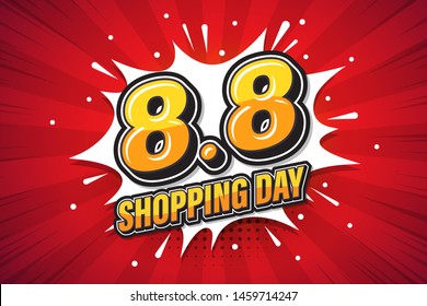 8.8 Shopping day font expression pop art comic speech bubble. Vector illustration