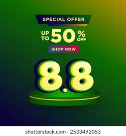 8.8 Shopping day on Green product podium scene vector illustration for banner, poster, social media and website campaign or promotion. August 8 sales banner template design