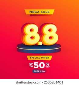 8.8 Shopping day on product podium scene vector illustration for poster, banner, social media and website campaign or promotion. August 8 sales banner template design