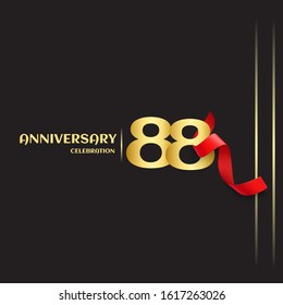 88 year anniversary logo template on black background. golden numbers with red ribbon vector