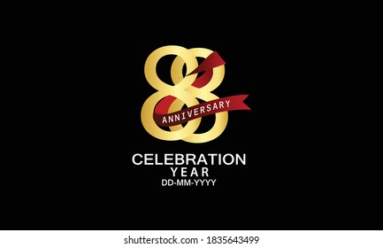 88 year anniversary red ribbon celebration logotype. anniversary logo with Red text and Spark light gold color isolated on black background, design for celebration, invitation - vector