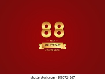 88 year golden anniversary vector illustration with gold ribbon isolated on red background