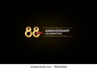88 Years Anniversary Celebration Logotype with Golden, Silver and Red Ribbon Isolated on Black Background. Vector Design for Invitation Card, Greeting Card, Banner. 