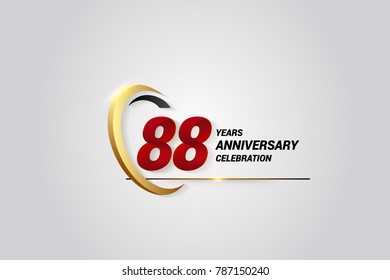 88 Years Anniversary Celebration Logotype. Red Elegant Vector Illustration with Gold Swoosh, Isolated on Black Background can be use for Celebration, Invitation, and Greeting card