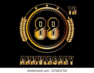 88 years anniversary. Gold vector with rings for 88 years anniversary celebration on black background.