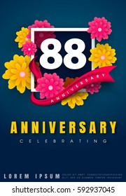 88 years anniversary invitation card - celebration template design , 88th anniversary with flowers and modern design elements, dark blue background - vector illustration