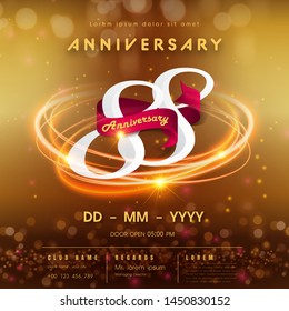 88 years anniversary logo template on golden Abstract futuristic space background. 88th modern technology design celebrating numbers with Hi-tech network digital technology concept design elements.