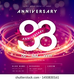 88 years anniversary logo template on purple Abstract futuristic space background. 88th modern technology design celebrating numbers with Hi-tech network digital technology concept design elements.