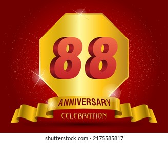 88 years anniversary logo template. Red numbers with golden ribbon.