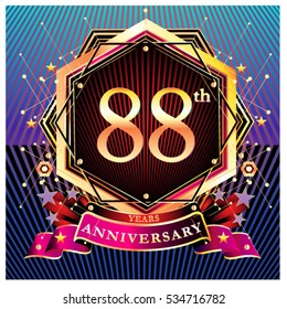 88 years golden anniversary logo celebration with ring and red ribbon.