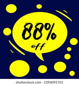 88% yellow discount hall with polka dots on blue background, percentage and promotion