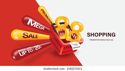 8.8 yellow text 3D placed in red basket and there's wind batons also known as Thunder sticks next to them and there's 20% off mega sale promotion text, vector for promotion eighth day of eighth month