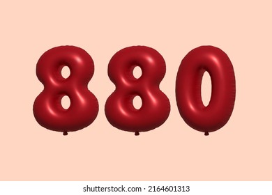 880 3d number balloon made of realistic metallic air balloon 3d rendering. 3D Red helium balloons for sale decoration Party Birthday, Celebrate anniversary, Wedding Holiday. Vector illustration