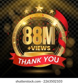 88M+ Vistas Logotipo con oro y confeti rojo aislado en fondo negro (PNG), diseño vectorial para la celebración de la visualización de vídeo.