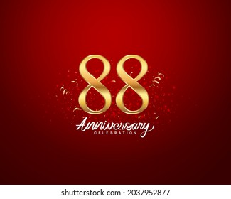 88th anniversary background with 3D number illustration golden numbers and Anniversary Celebration text with golden confetti on red background.