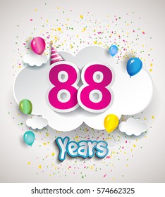 88th Anniversary Celebration Design, with clouds and balloons, confetti. Vector template elements for your, eighty eight years birthday celebration party.