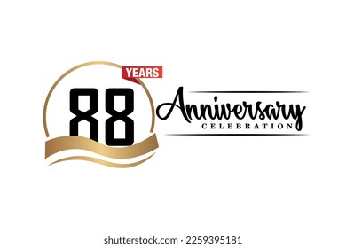 88th anniversary celebration logo vector design with gold black and red color on white background cute black color font   