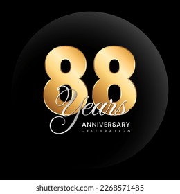 Concepto de diseño del logo del 88º aniversario. Número dorado con texto de color plateado. Ilustración de plantilla de vectores de logotipo