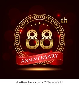 88th Anniversary logo design with golden number and red ribbon for anniversary celebration event, invitation, wedding, greeting card, banner, poster, flyer, brochure, book cover. Logo Vector Template