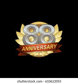 88th Anniversary logo with golden wreath, silver number, red ribbon, black background