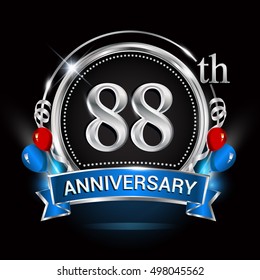 88th anniversary logo with silver ring,balloons and blue ribbon. Vector design template elements for your birthday celebration.