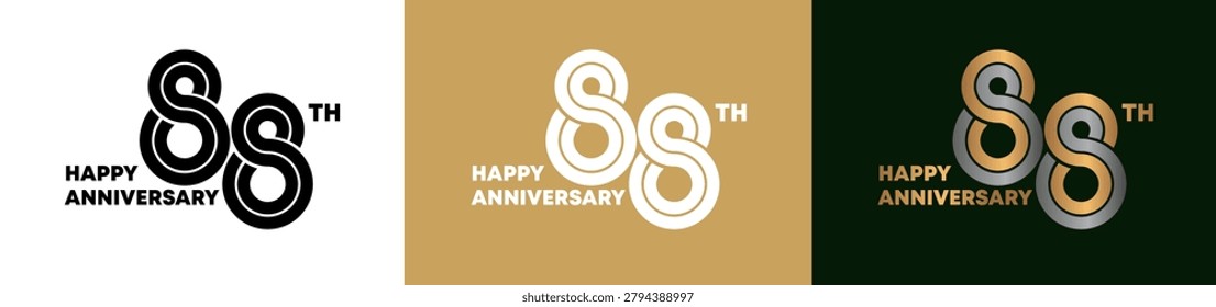 88th Anniversary logo style double line number. gold and silver color on white, green and yellow background for celebration event.