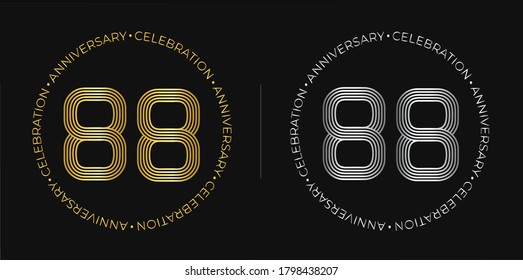 88th birthday. Eighty-eight years anniversary celebration banner in golden and silver colors. Circular logo with original numbers design in elegant lines.
